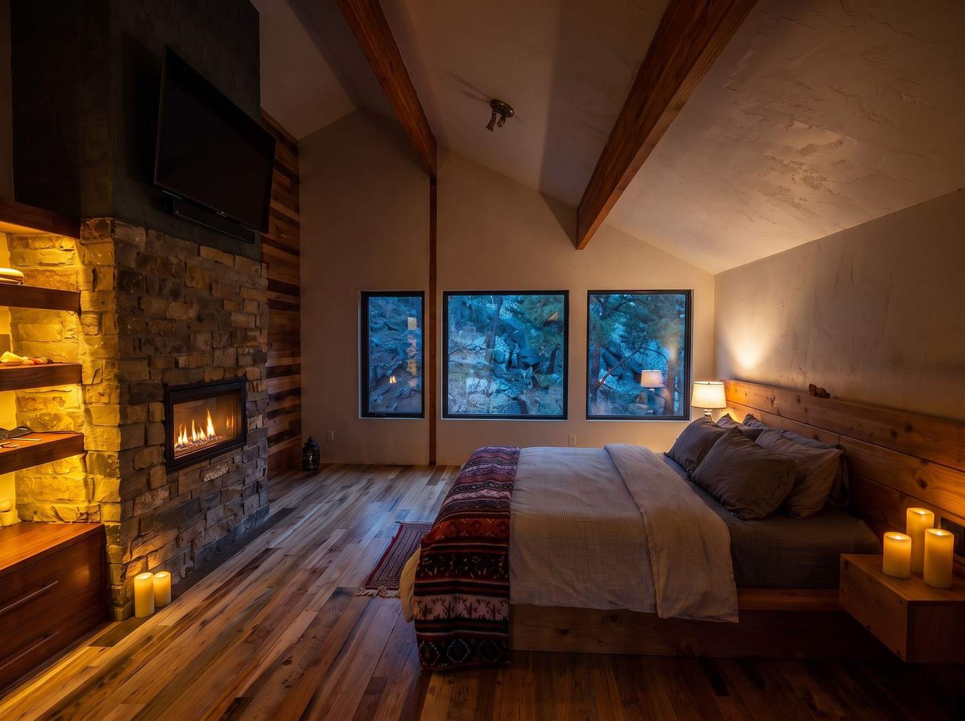 The master bedroom with the fireplace and candles lit